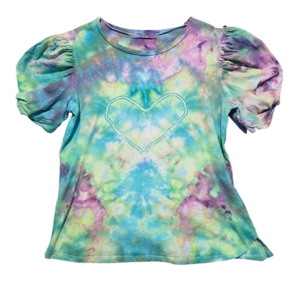 Project Social T Puff Sleeve Tee Womens Medium Multi Tie Dye Heart Boho Pastel